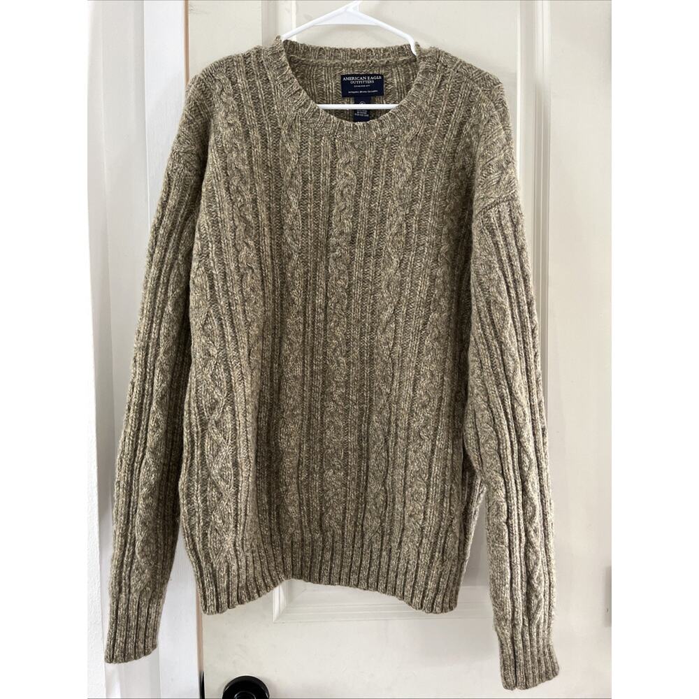 American Eagle Sweater Mens Size XL Green Brown Wool Fisherman Cable Knit VTG